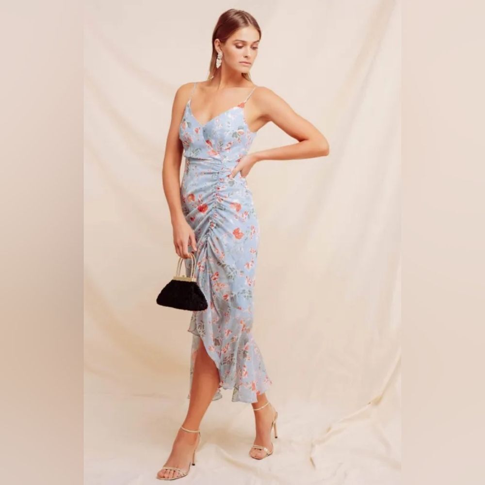 Floret Studios Floral Botanical V-Neck Chiffon Ruched Ruffle Midi Dress Dress S